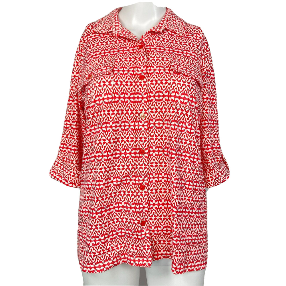 J. McLaughlin Shirt Womens Sz M Red Print Button Up Top Sz M Stretch 3/4‎ Sleeve